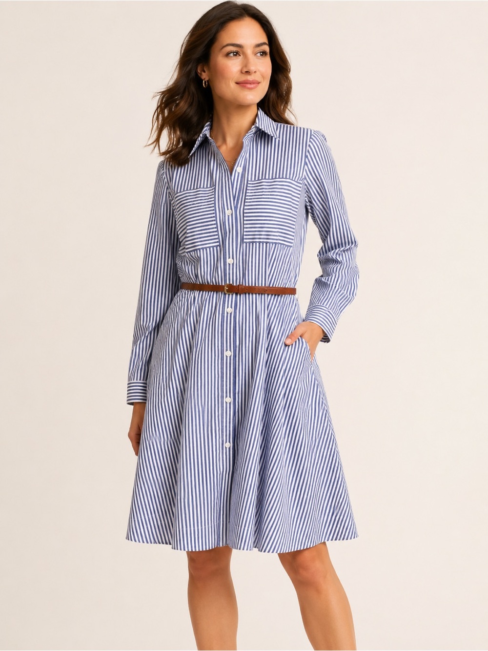 Michael Kors Blue White Striped Cotton Shirt Dress with Belt Size 10